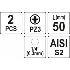 Biti de 50 mm 1/4" cu cap Pozidriv PZ3 Yato..